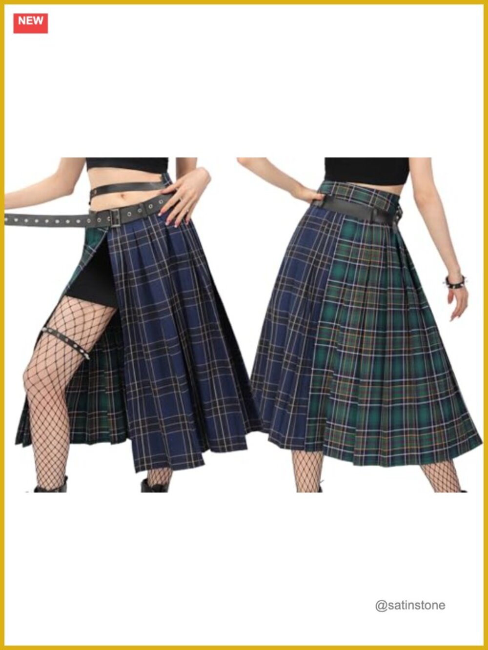 Plaid Slit Thigh Maxi Skirt with Belt Women Low Waist Pleated Midi for Party